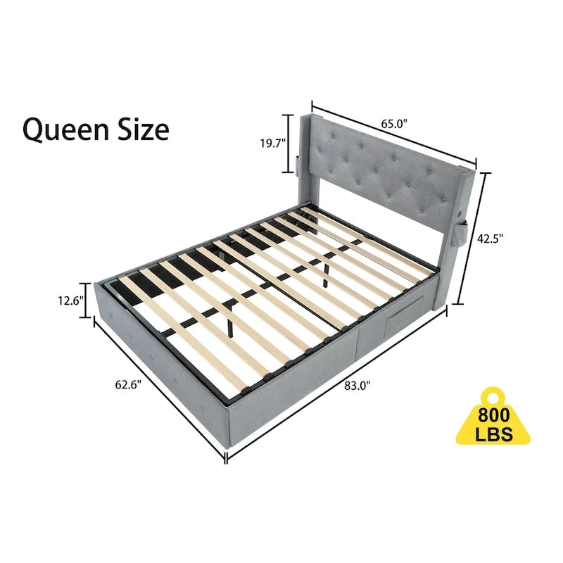 Lit plateforme en métal gris clair Queen Size avec rangement à vérins à gaz, tête de lit à oreilles et ports USB