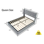 Lit plateforme en métal gris clair Queen Size avec rangement à vérins à gaz, tête de lit à oreilles et ports USB