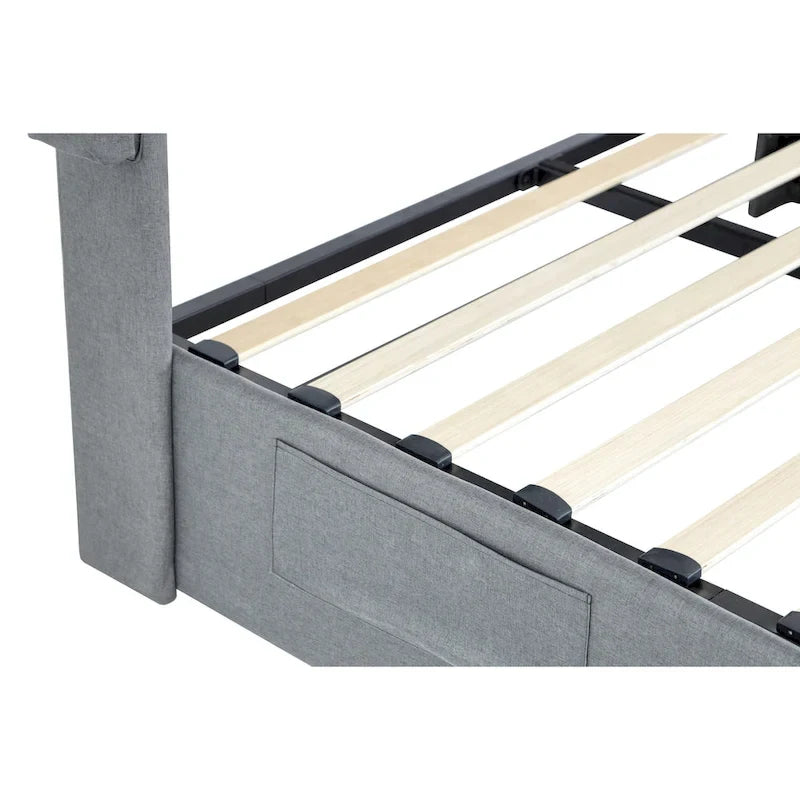 Lit plateforme en métal gris clair Queen Size avec rangement à vérins à gaz, tête de lit à oreilles et ports USB