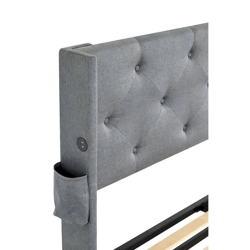 Lit plateforme en métal gris clair Queen Size avec rangement à vérins à gaz, tête de lit à oreilles et ports USB