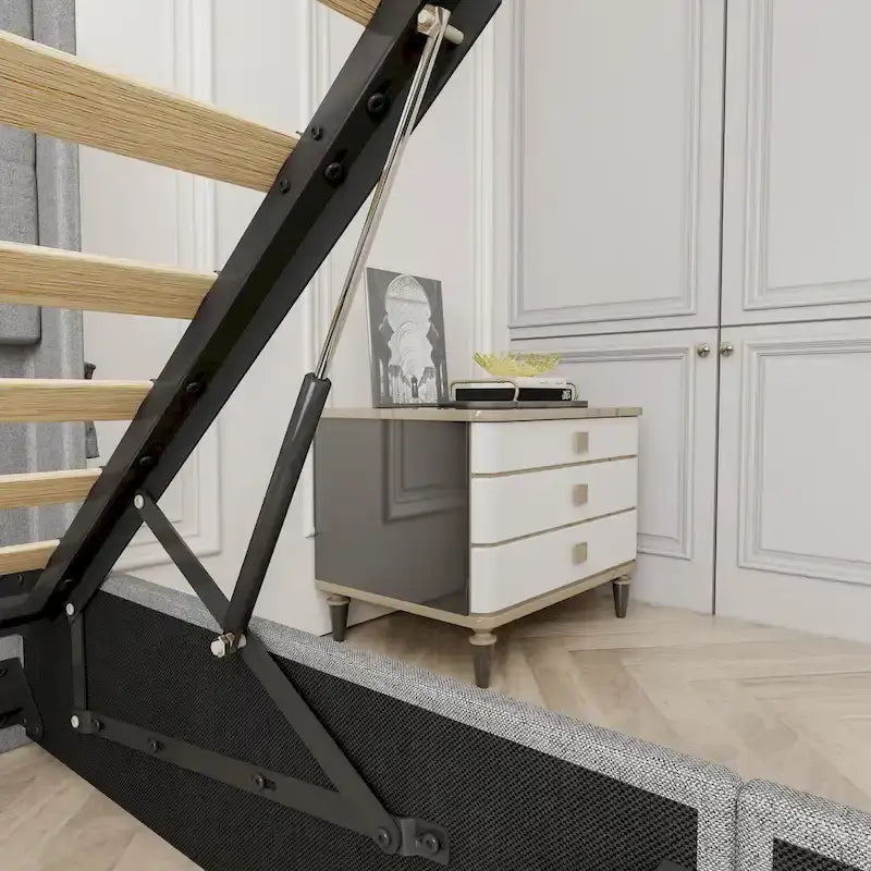 Lit plateforme en métal gris clair Queen Size avec rangement à vérins à gaz, tête de lit à oreilles et ports USB