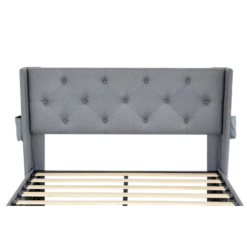 Lit plateforme en métal gris clair Queen Size avec rangement à vérins à gaz, tête de lit à oreilles et ports USB
