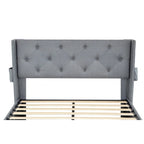 Lit plateforme en métal gris clair Queen Size avec rangement à vérins à gaz, tête de lit à oreilles et ports USB