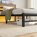 Lit jumeau en métal beige et marron avec tête de lit en bois, lumières RGB et étagère de rangement