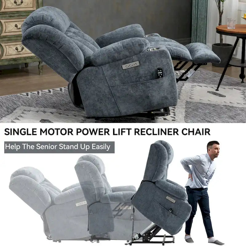 Fauteuil inclinable releveur électrique en chenille bleue avec massage vibrant à 8 points, chauffage lombaire, ports USB et Type-C, porte-gobelets