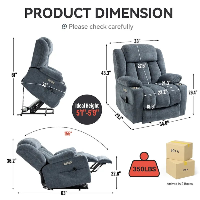 Fauteuil inclinable releveur électrique en chenille bleue avec massage vibrant à 8 points, chauffage lombaire, ports USB et Type-C, porte-gobelets