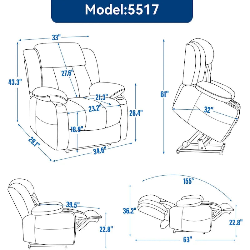 Fauteuil inclinable releveur électrique en chenille bleue avec massage vibrant à 8 points, chauffage lombaire, ports USB et Type-C, porte-gobelets