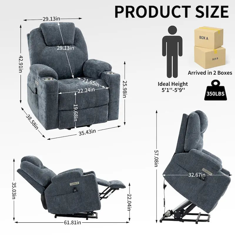 Fauteuil inclinable électrique bleu avec massage 8 points, soutien lombaire chauffant, deux ports USB et porte-gobelets en acier inoxydable