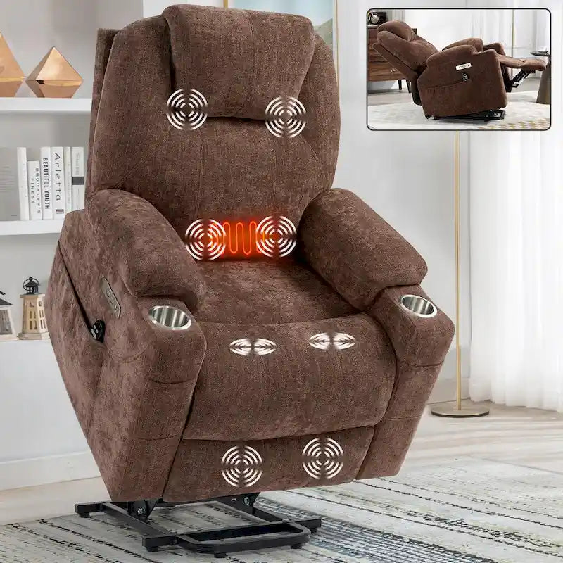 Fauteuil inclinable électrique bleu avec massage 8 points, soutien lombaire chauffant, deux ports USB et porte-gobelets en acier inoxydable