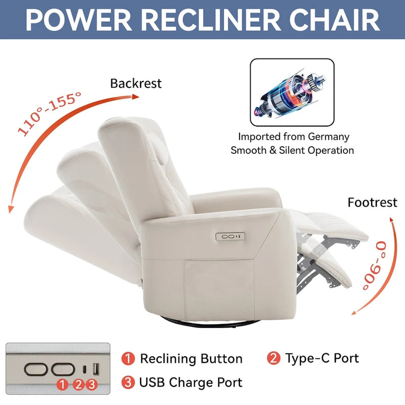 Fauteuil inclinable, pivotant et à bascule électrique avec soutien lombaire et cervical, ports de chargement USB et USB-C