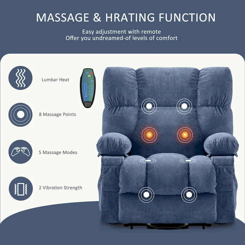 Fauteuil inclinable électrique bleu avec chauffage, massage, options d'inclinaison infinies, ports USB et poches latérales