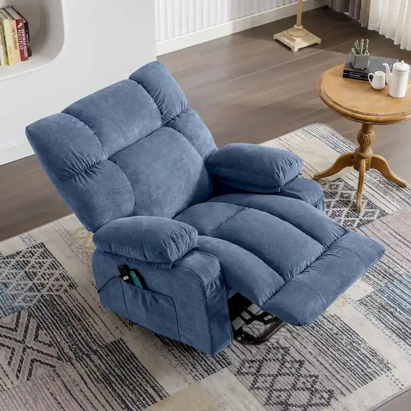 Fauteuil inclinable électrique bleu avec chauffage, massage, options d'inclinaison infinies, ports USB et poches latérales