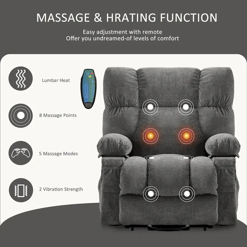 Fauteuil inclinable électrique bleu avec chauffage, massage, options d'inclinaison infinies, ports USB et poches latérales