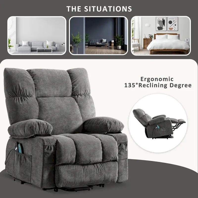 Fauteuil inclinable électrique bleu avec chauffage, massage, options d'inclinaison infinies, ports USB et poches latérales