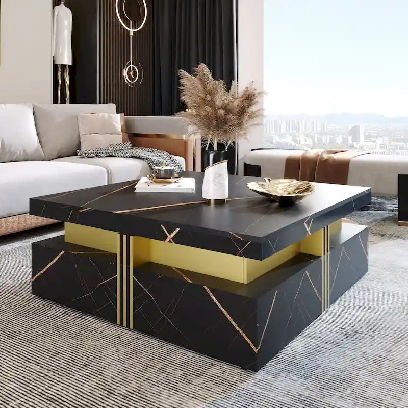Table basse de rangement carrée noire/blanche avec 4 tiroirs, 110 cm