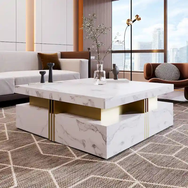 Table basse de rangement carrée noire/blanche avec 4 tiroirs, 110 cm