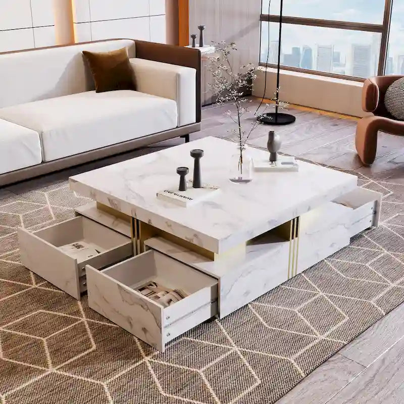 Table basse de rangement carrée noire/blanche avec 4 tiroirs, 110 cm