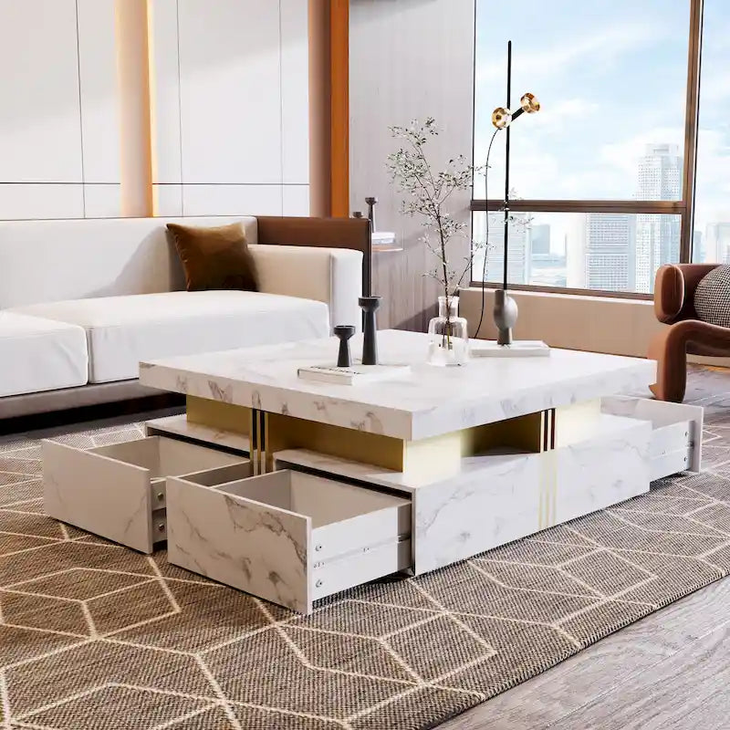 Table basse de rangement carrée noire/blanche avec 4 tiroirs, 110 cm