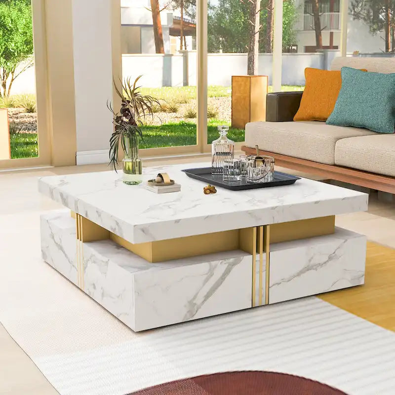 Table basse de rangement carrée noire/blanche avec 4 tiroirs, 110 cm