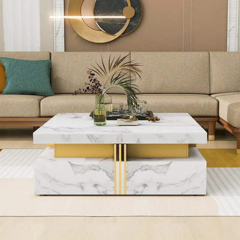 Table basse de rangement carrée noire/blanche avec 4 tiroirs, 110 cm