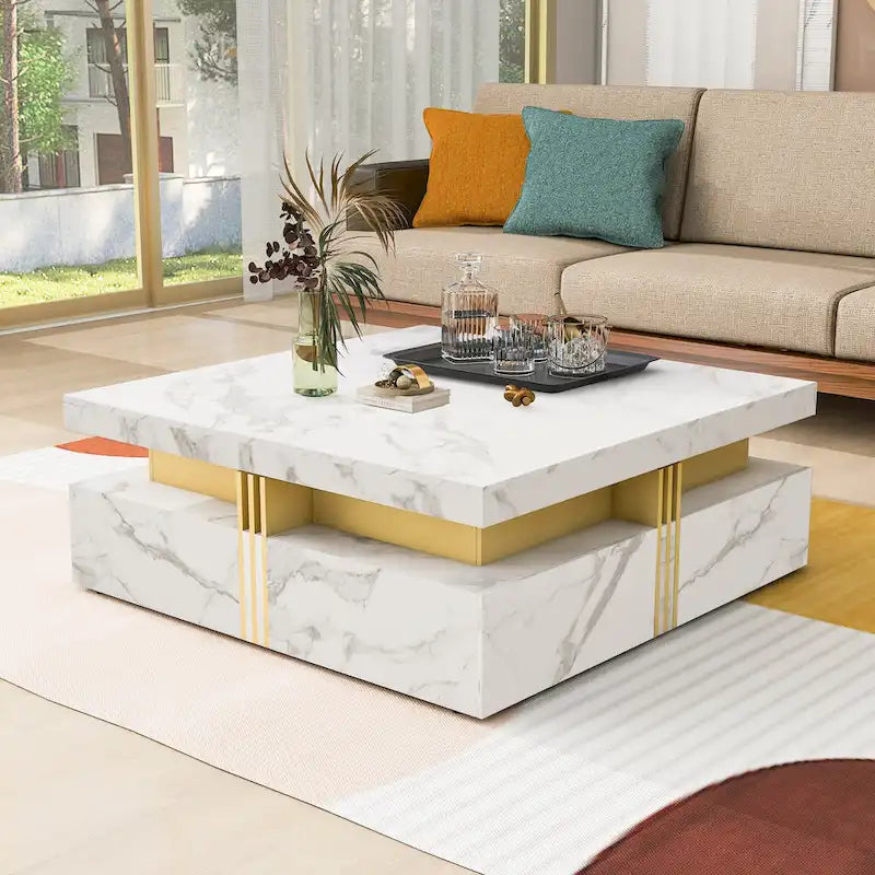 Table basse de rangement carrée noire/blanche avec 4 tiroirs, 110 cm