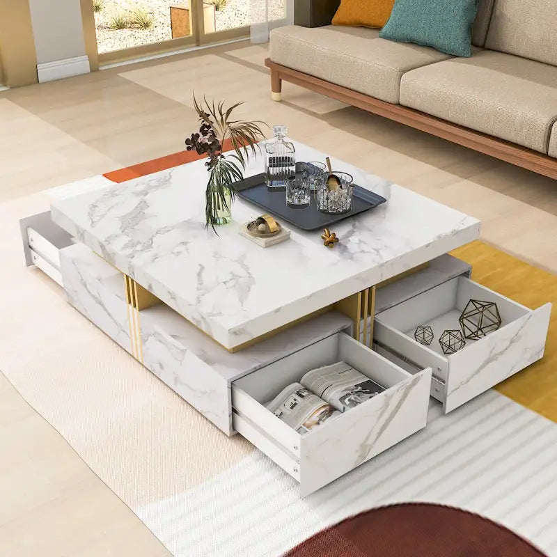 Table basse de rangement carrée noire/blanche avec 4 tiroirs, 110 cm