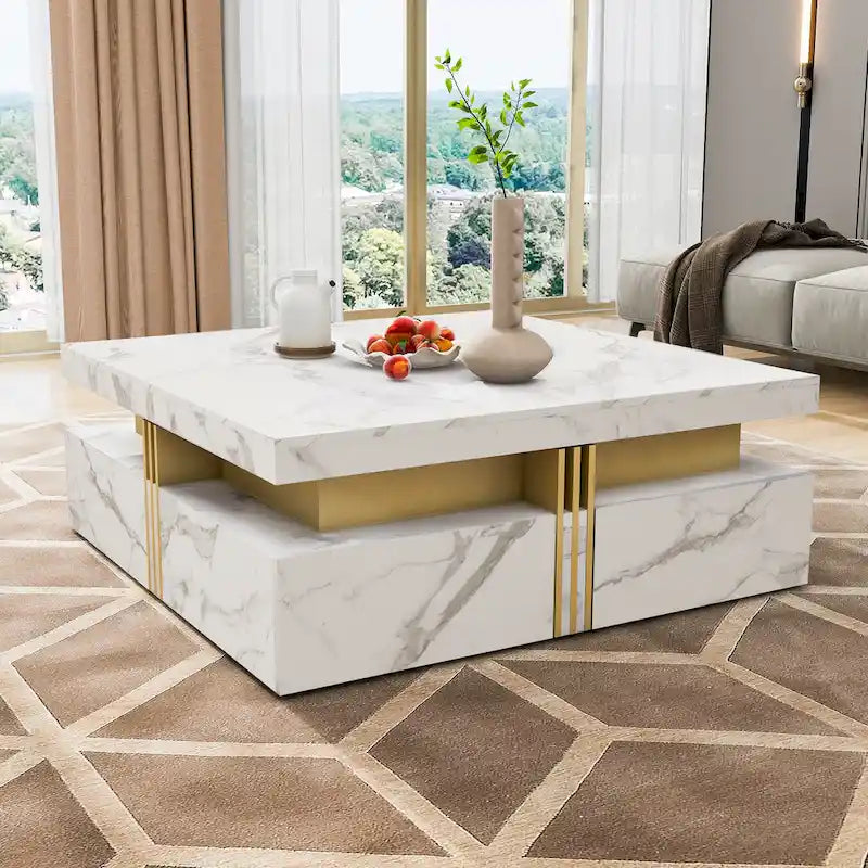 Table basse de rangement carrée noire/blanche avec 4 tiroirs, 110 cm