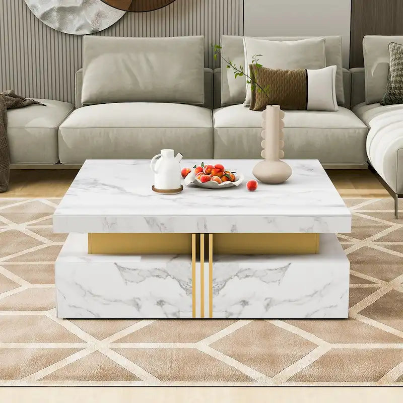 Table basse de rangement carrée noire/blanche avec 4 tiroirs, 110 cm