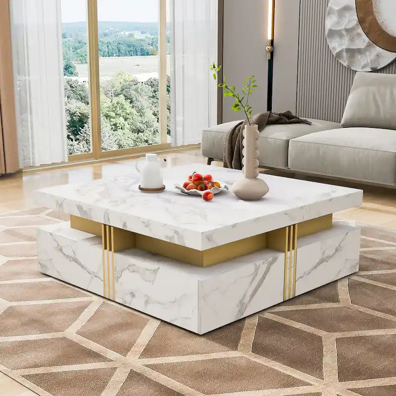 Table basse de rangement carrée noire/blanche avec 4 tiroirs, 110 cm
