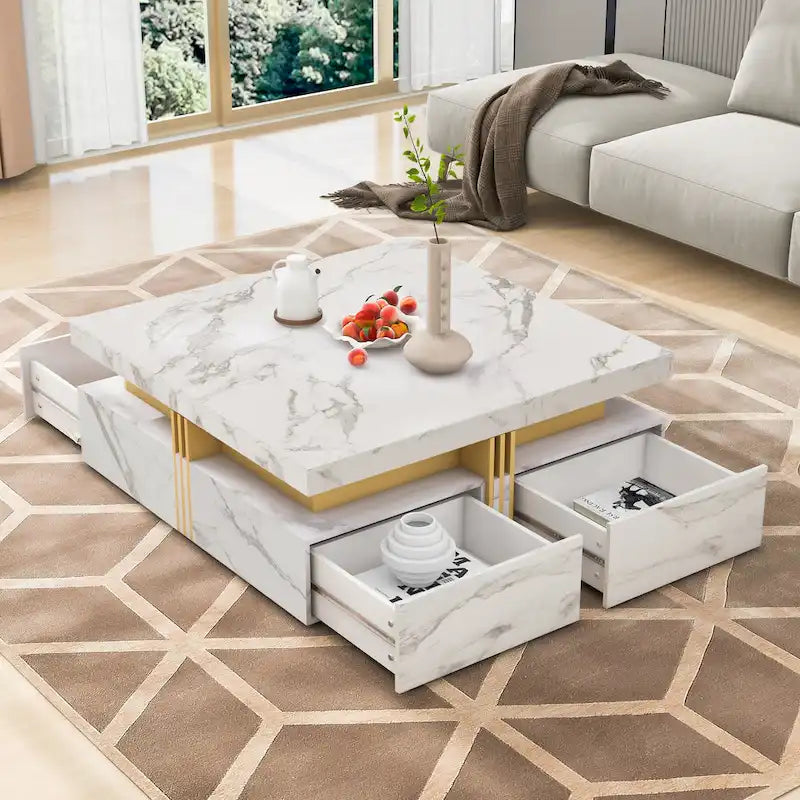 Table basse de rangement carrée noire/blanche avec 4 tiroirs, 110 cm
