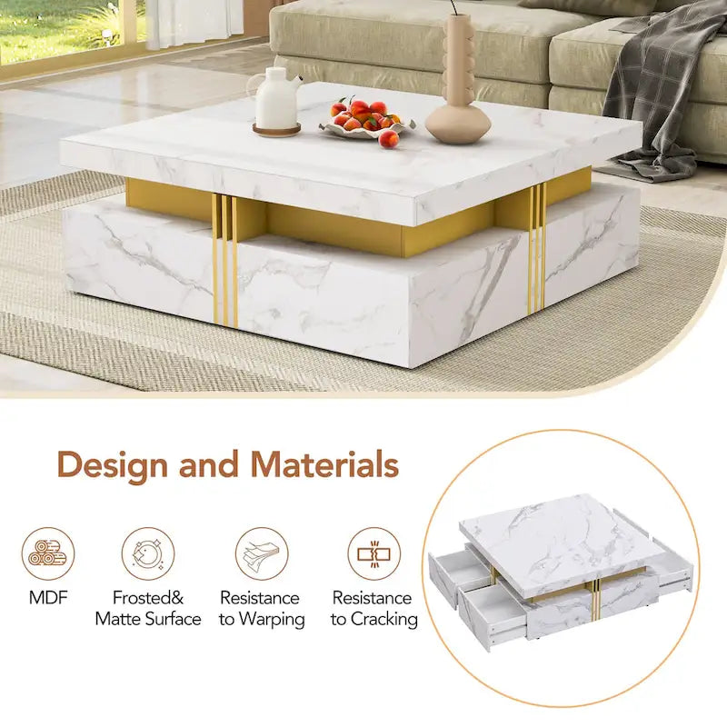 Table basse de rangement carrée noire/blanche avec 4 tiroirs, 110 cm