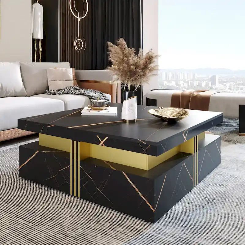 Table basse de rangement carrée noire/blanche avec 4 tiroirs, 110 cm
