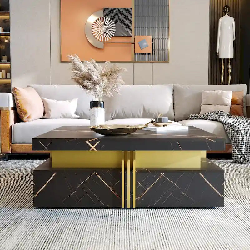 Table basse de rangement carrée noire/blanche avec 4 tiroirs, 110 cm