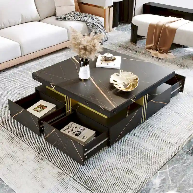 Table basse de rangement carrée noire/blanche avec 4 tiroirs, 110 cm