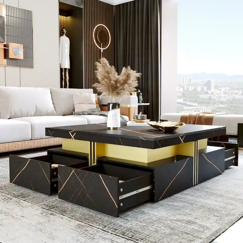 Table basse de rangement carrée noire/blanche avec 4 tiroirs, 110 cm