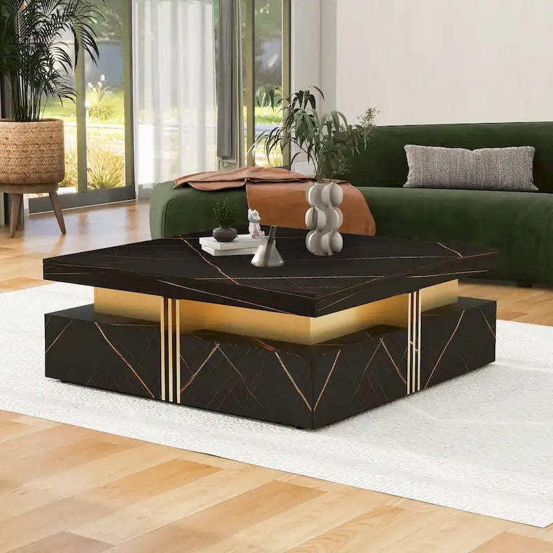 Table basse de rangement carrée noire/blanche avec 4 tiroirs, 110 cm