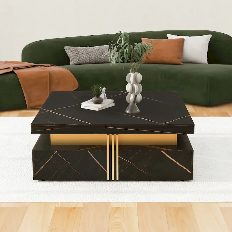 Table basse de rangement carrée noire/blanche avec 4 tiroirs, 110 cm