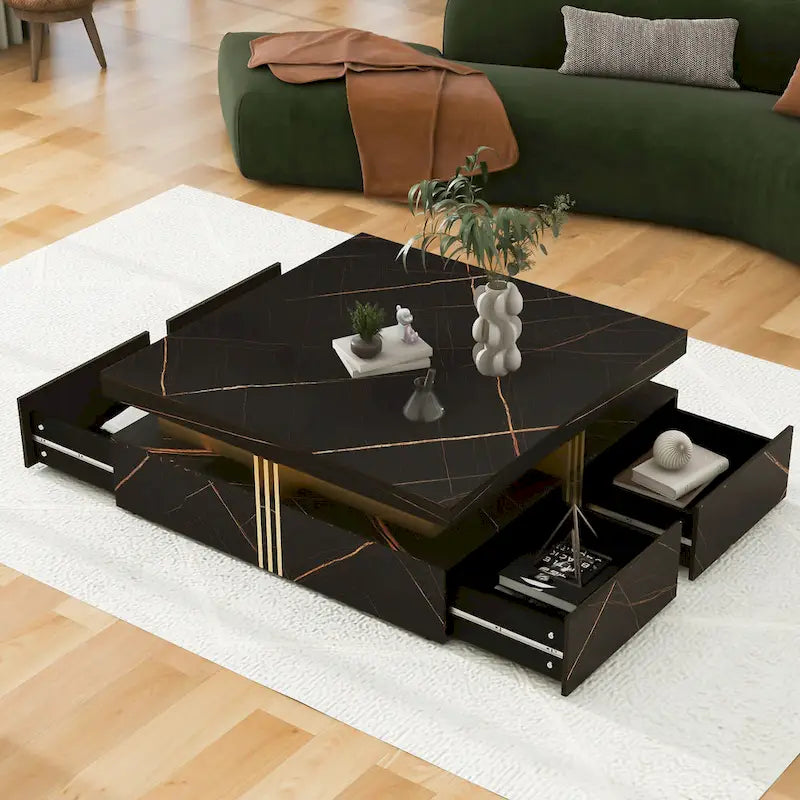 Table basse de rangement carrée noire/blanche avec 4 tiroirs, 110 cm
