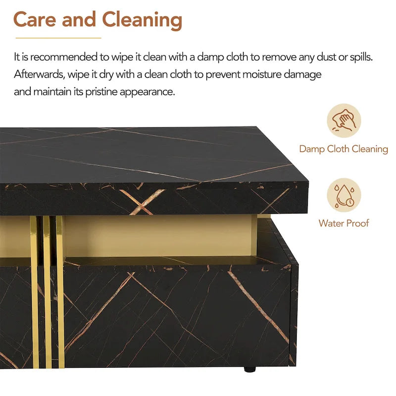 Table basse de rangement carrée noire/blanche avec 4 tiroirs, 110 cm