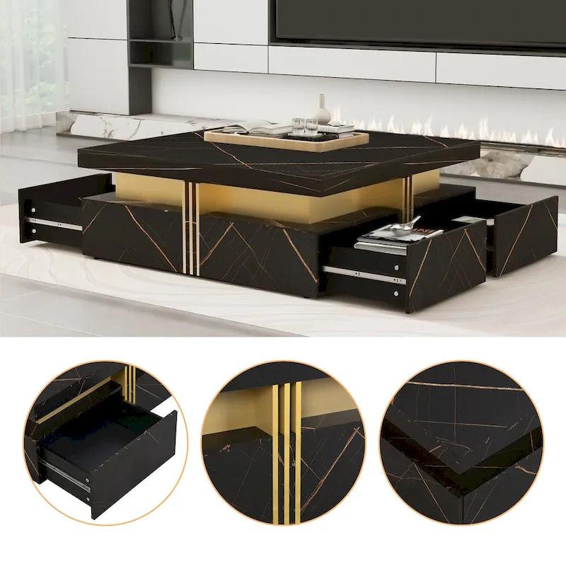 Table basse de rangement carrée noire/blanche avec 4 tiroirs, 110 cm