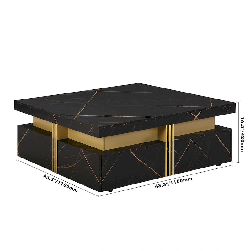 Table basse de rangement carrée noire/blanche avec 4 tiroirs, 110 cm