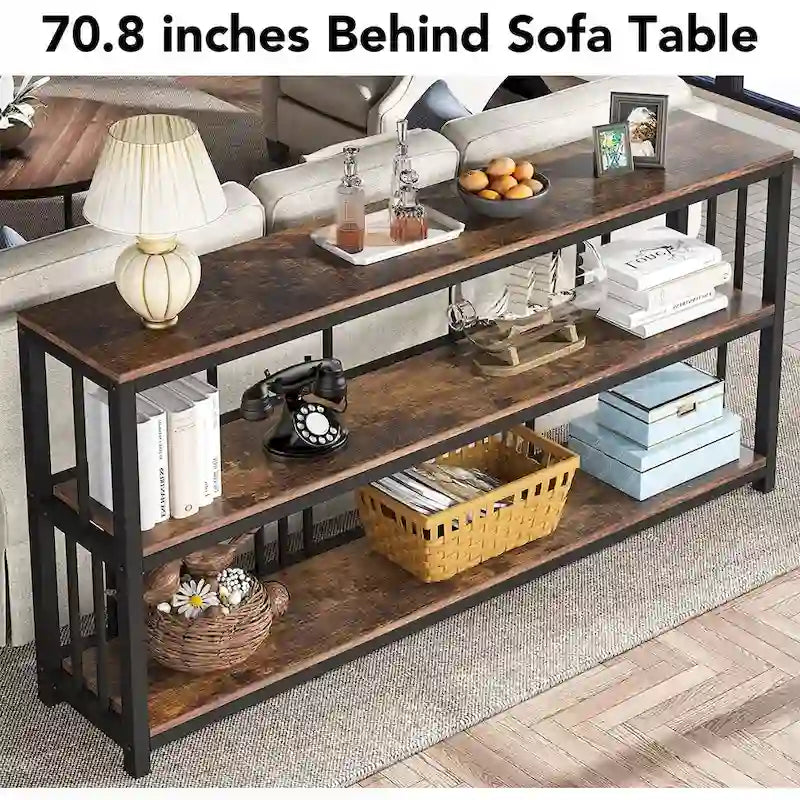 Table console/canapé industrielle à 3 niveaux 178 cm, marron/gris/blanc et marron