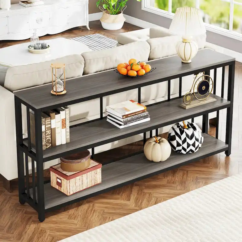 Table console/canapé industrielle à 3 niveaux 178 cm, marron/gris/blanc et marron