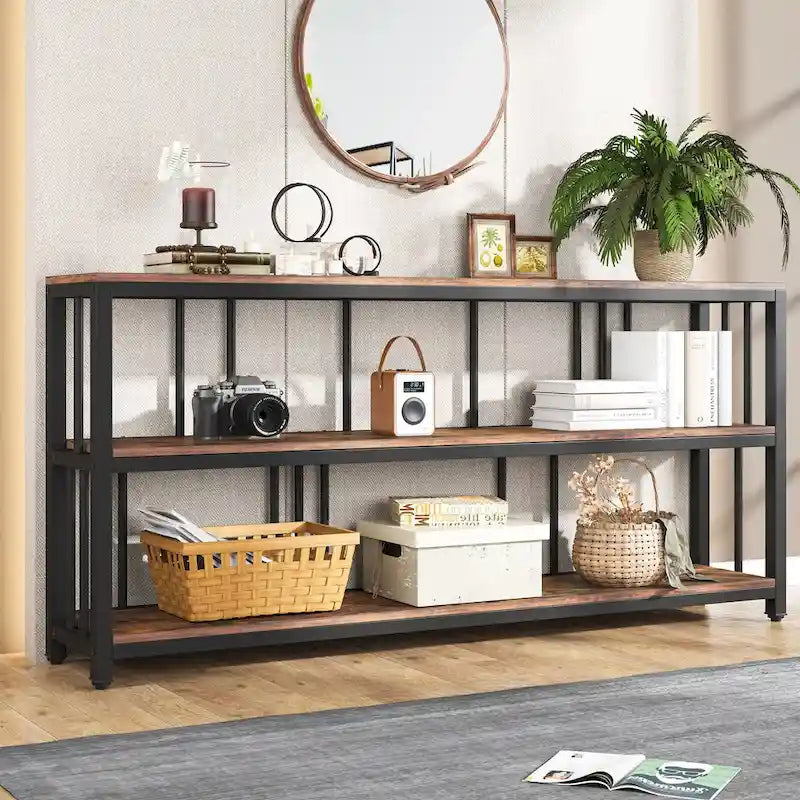Table console/canapé industrielle à 3 niveaux 178 cm, marron/gris/blanc et marron