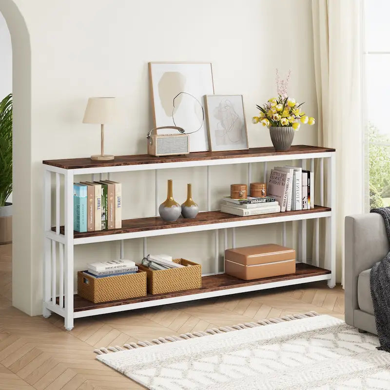 Table console/canapé industrielle à 3 niveaux 178 cm, marron/gris/blanc et marron