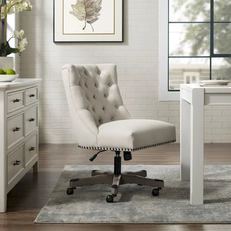 Fauteuil de bureau réglable touffeté en peluche beige avec base en bois gris, 1 personne
