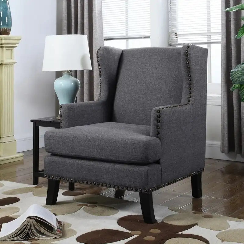 Fauteuil d'appoint à oreilles en lin gris / gris foncé / beige avec pieds en bois, 1 personne