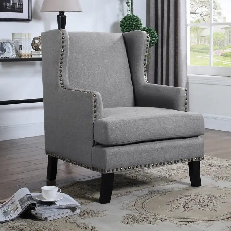 Fauteuil d'appoint à oreilles en lin gris / gris foncé / beige avec pieds en bois, 1 personne