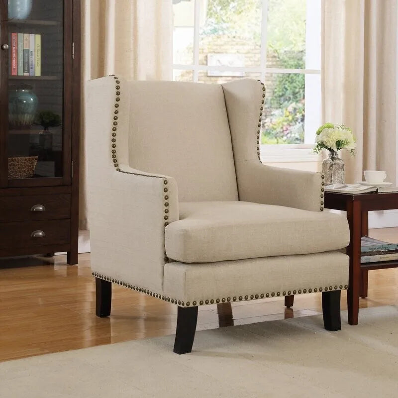 Fauteuil d'appoint à oreilles en lin gris / gris foncé / beige avec pieds en bois, 1 personne