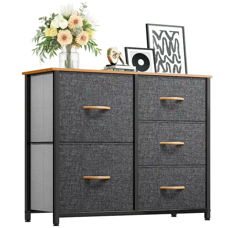 Commode 5 tiroirs gris / gris clair / gris foncé avec plateau en bois et cadre en fer